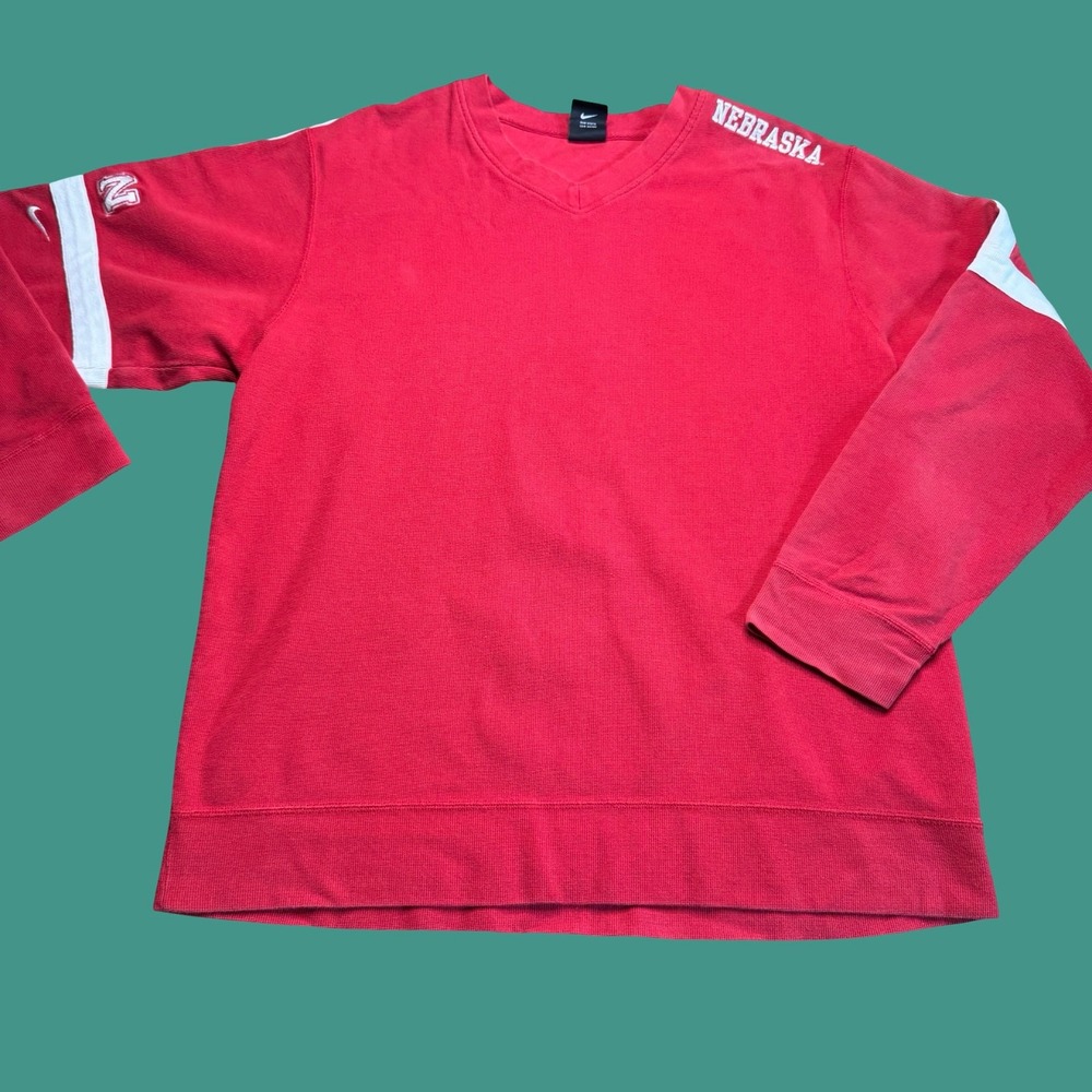 Nike Team Nebraska Cornhuskers Long Sleeve L Mens Red V Neck NCAA Football Y2K